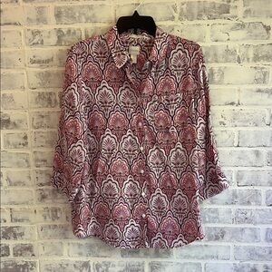 Chicos Sz 2 Women’s US 12 L 100% Linen Pink Paisley Button Up Blouse 3/4 Sleeve